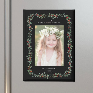 Holly Berry Frame Merry & Bright Foto Black Magnet