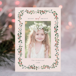 Holly Berry Frame Merry & Bright Foto Blush Pink Feiertagskarte