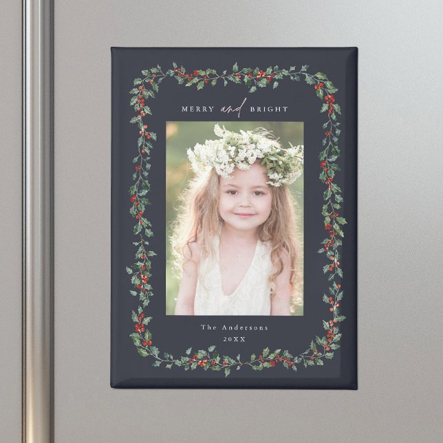 Holly Berry Frame Merry & Bright Foto Navy Magnet (Von Creator hochgeladen)