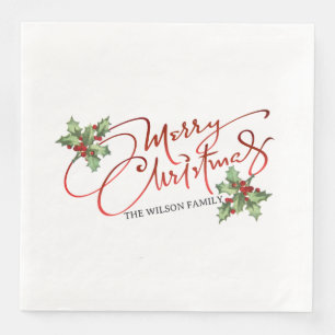 Holly Berry Gradient Red Script Frohe Weihnachten Serviette