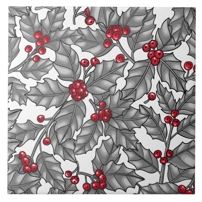 Holly Berry, Gray Leaves Fliese (Vorderseite)