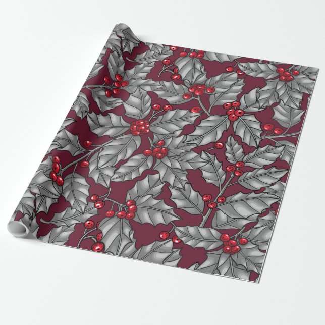 Holly Berry, gray leaves on dark red Geschenkpapier (Ungerollt)