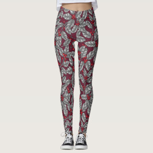 Holly berry, gray leaves on dark red leggings