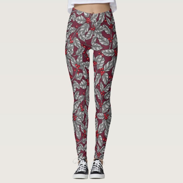 Holly berry, gray leaves on dark red leggings (Vorderseite)