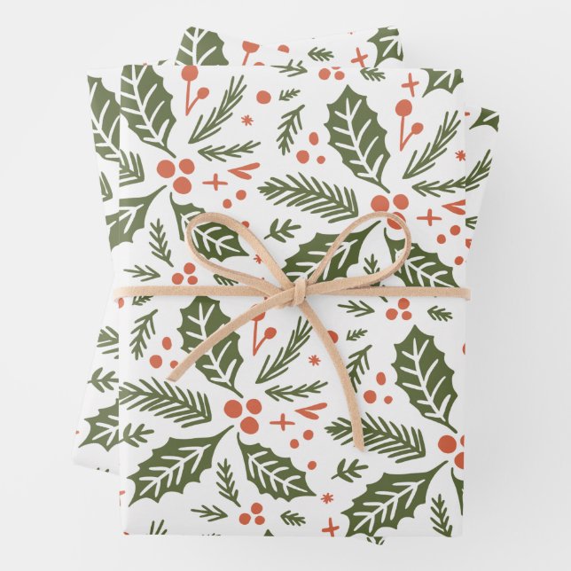 Holly Berry Hand Drawn mehrfarbig rot und grün Geschenkpapier Set (Beispiel)