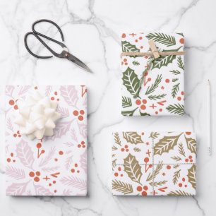 Holly Berry Handgezeichnetes mehrfarbiges Muster Geschenkpapier Set