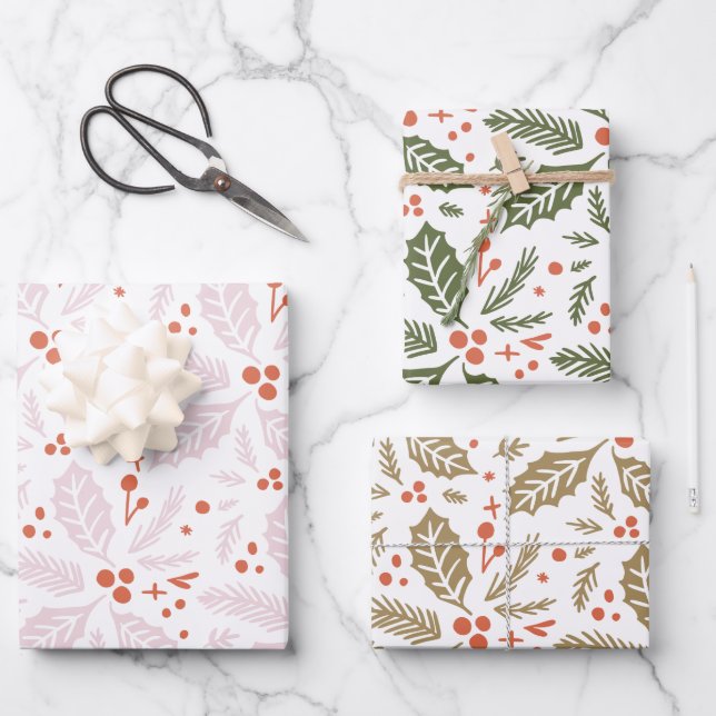 Holly Berry Handgezeichnetes mehrfarbiges Muster Geschenkpapier Set (Vorderseite)