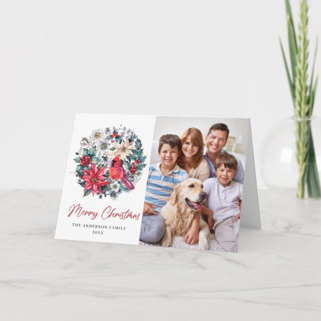 Holly Berry Kardinal Weihnachtsgrüßen Feiertagskarte (Vorderseite)