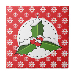 Holly Berry on Red White Snowflakes Pattern Fliese