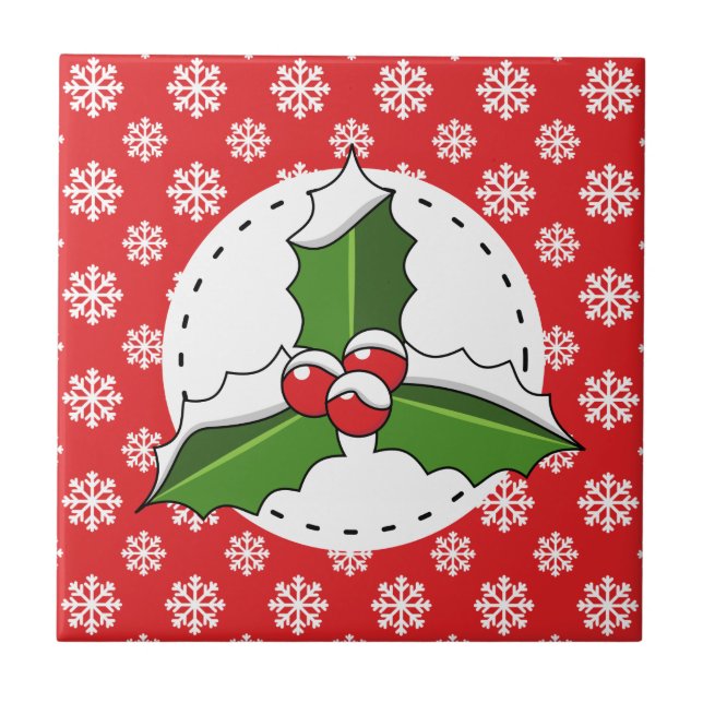 Holly Berry on Red White Snowflakes Pattern Fliese (Vorderseite)