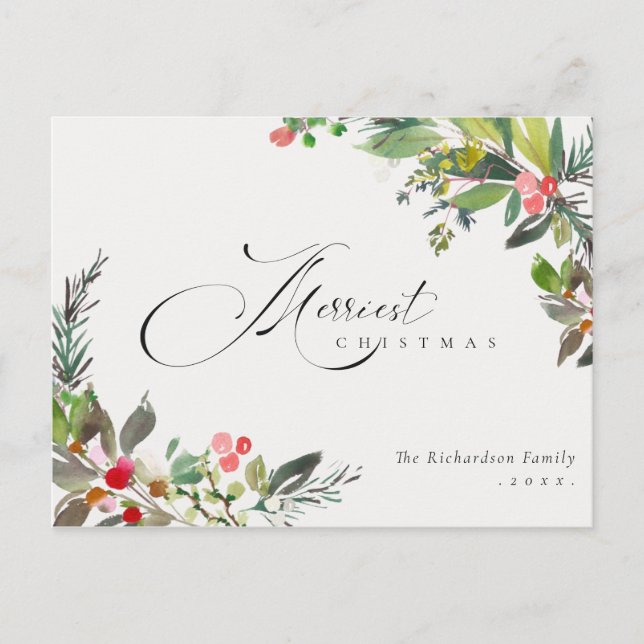 Holly Berry Pine Red Green Merriest Weihnachten Postkarte (Vorderseite)
