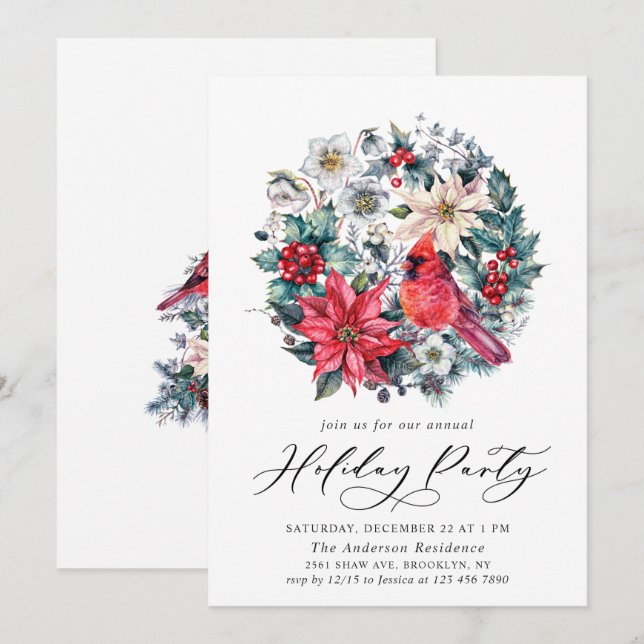 Holly Berry Red Kardinal Vintag Holiday Party Einladung (Vorne/Hinten)