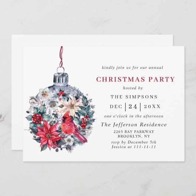 Holly Berry Red Kardinal Weihnachtsfeier Einladung (Vorne/Hinten)