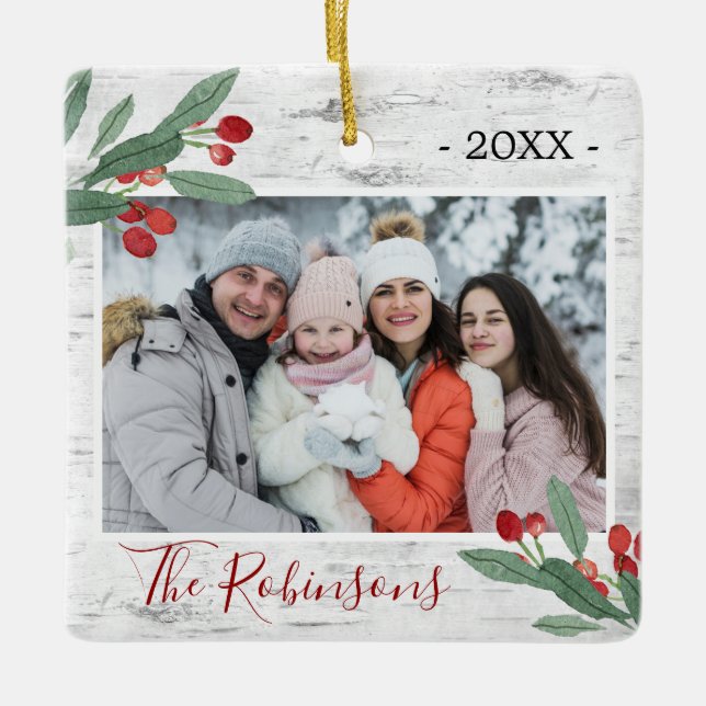 Holly Berry Rustic Birch FOTO White Bark Keramikornament (Vorderseite)