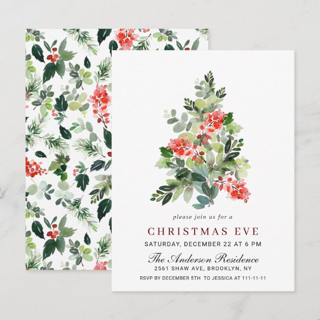 Holly Berry Tree Christmas Eve Invitation Card Postkarte (Vorne/Hinten)