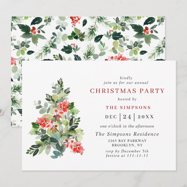 Holly Berry Tree Holiday CHRISTMAS PARTY Einladung (Vorne/Hinten)