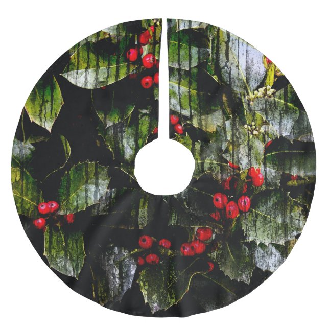 Holly Berry Tree Skirt Polyester Weihnachtsbaumdecke (Vorderseite)