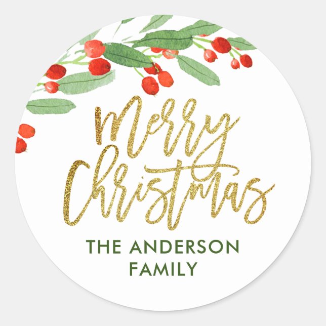 Holly Berry Watercolor Weihnachten Runder Aufkleber (Vorderseite)