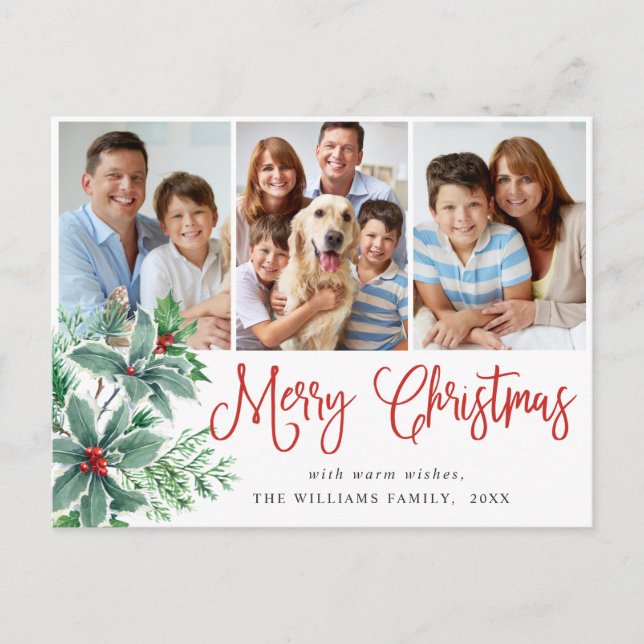 Holly Berry Weihnachten 3 Foto Urlaub Postkarte (Vorderseite)