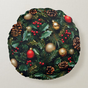 Holly Berry Winter Wonderland Rundes Kissen