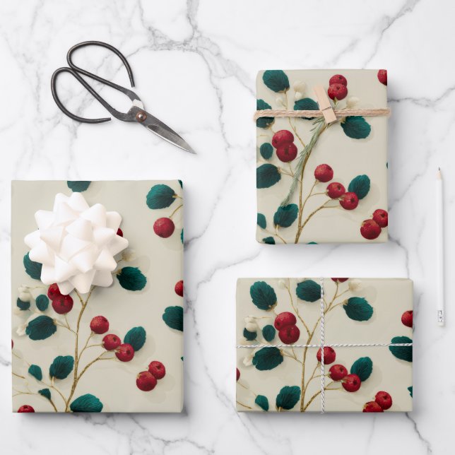 Holly Berry Wrapping Paper Geschenkpapier Set (Vorderseite)