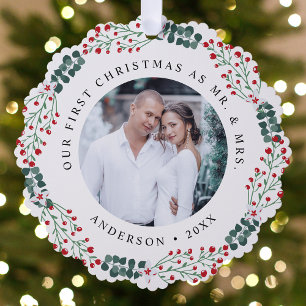 Holly Berry Wreath First Christmas Wedding Foto Ornament Karte