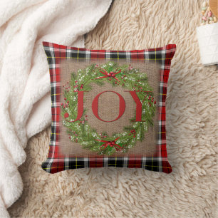 Holly Berry Wreath JOY Kariert Burlap Weihnachten Kissen
