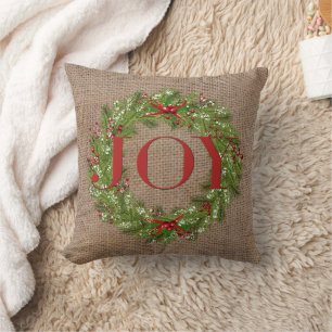Holly Berry Wreath JOY Name Burlap Weihnachten Kissen