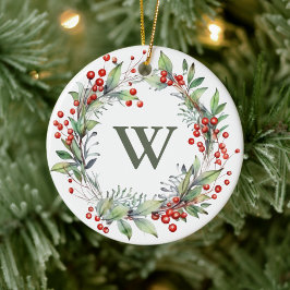 Holly Berry Wreath Monogram Keramik Ornament
