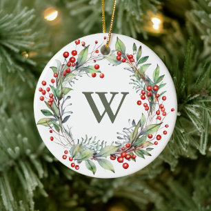 Holly Berry Wreath Monogram Keramik Ornament