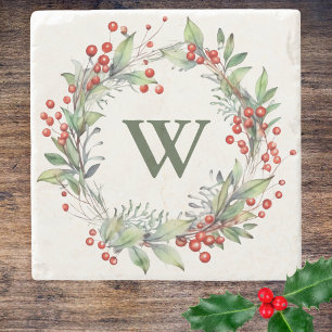 Holly Berry Wreath Monogram Steinuntersetzer