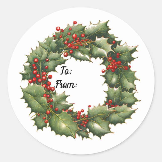 Holly Berry Wreath Round Sticker (Vorderseite)
