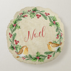 Holly Berry Wreath with Birds - Weihnachten Rundes Kissen
