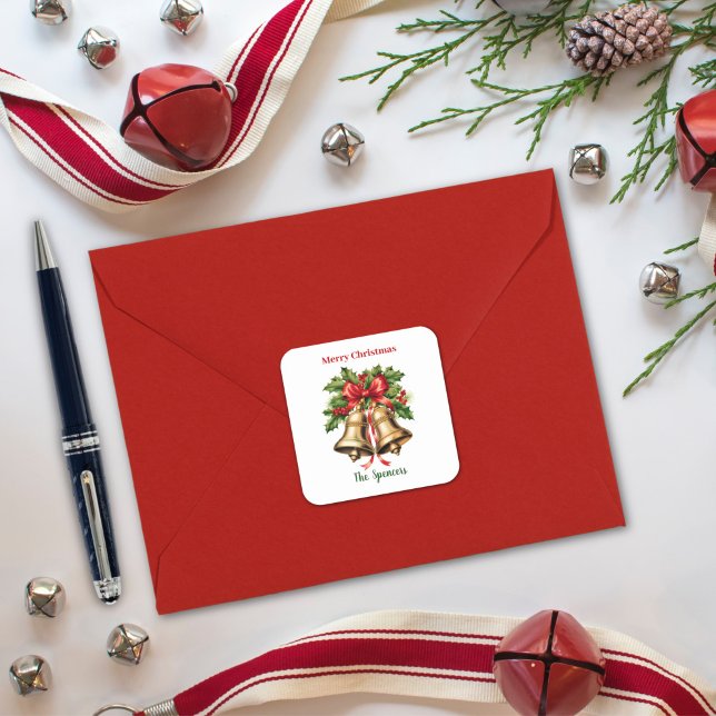 Holly Blätter & Berries Goldbrände Frohe Weihnacht Quadratischer Aufkleber (Von Creator hochgeladen)