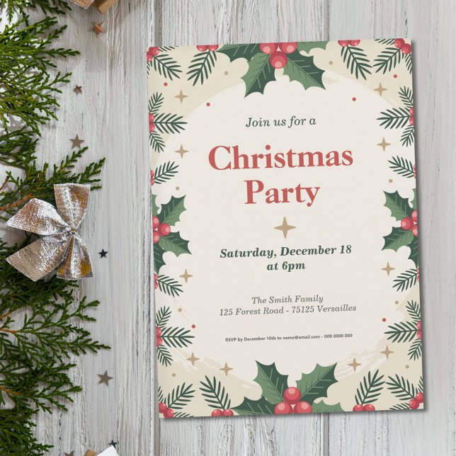 Holly Blätter & Berries - Party Einladung (Holly Leaves & Berries - Christmas Party Invitation)