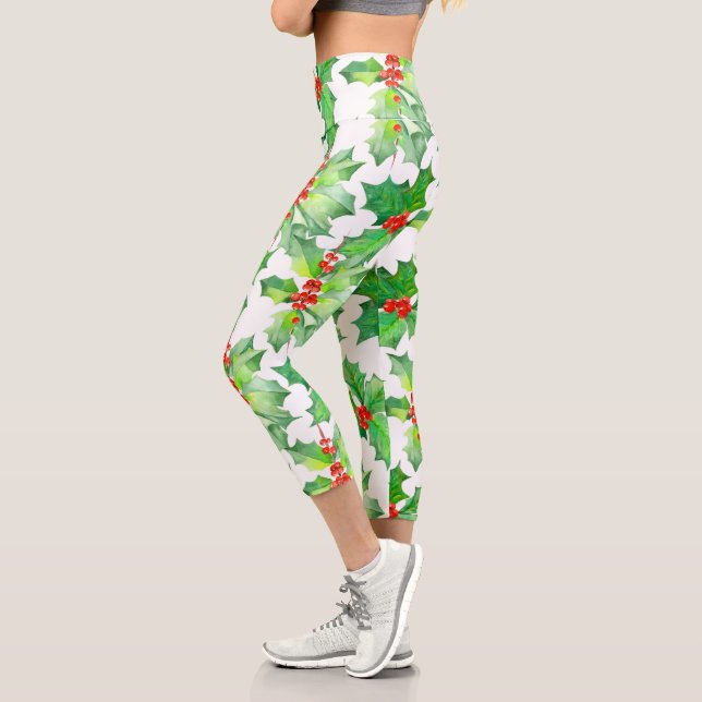 Holly Blätter, Berries, Red Green Floral Christmas Capri Leggings (Links)