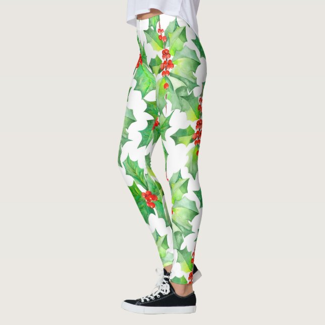 Holly Blätter, Berries, Red Green Floral Christmas Leggings (Links)