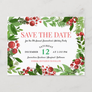 Holly Blätter Berry Holiday Party Save the Date Ankündigungspostkarte