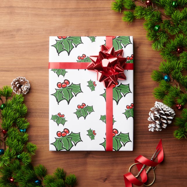 Holly-Blätter, Holly-Beeren, lustige botanische Fe Geschenkpapier (Feiertagsgeschenk)