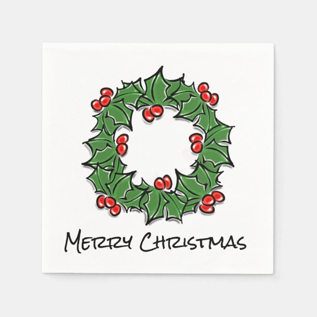 Holly-Blätter, Holly-Beeren, Weihnachtskranz Serviette (Vorderseite)