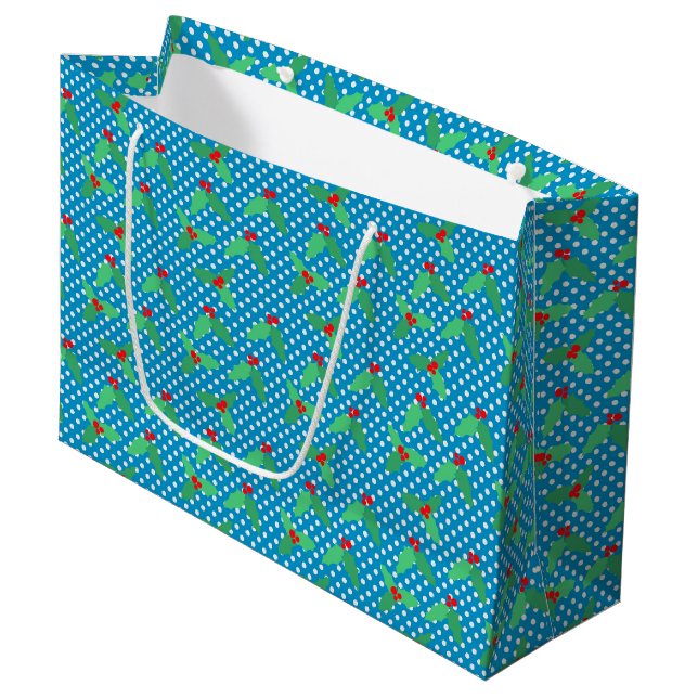 Holly Blätter on Aqua Gift Bag - Groß, Glossy Große Geschenktüte (Vorderseite Schrägansicht)
