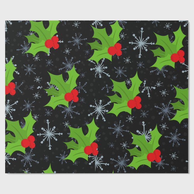 Holly Blätter, Red Berries Snowflake Wrapping Pape Geschenkpapier (Flach)
