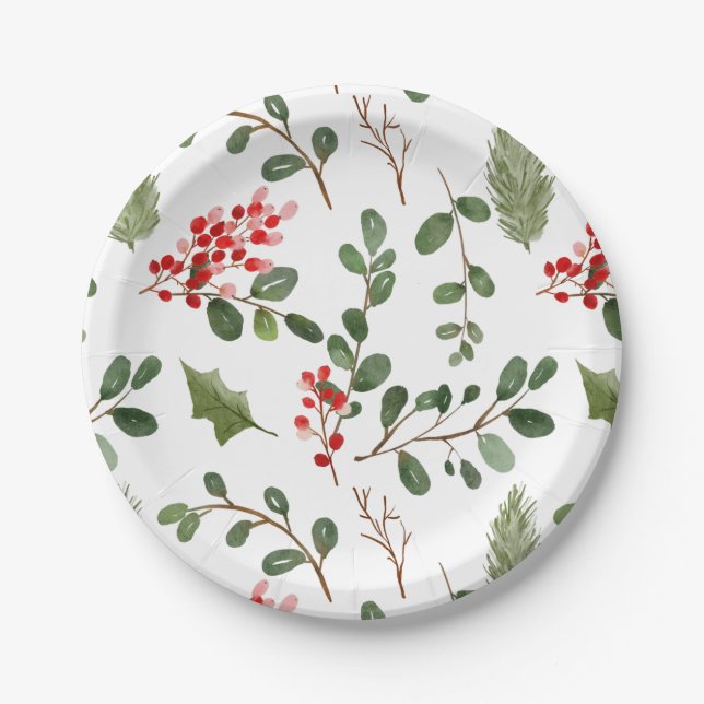 Holly Blätter Red Berry Holiday Watercolor Muster Pappteller (Vorderseite)