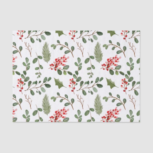 Holly Blätter Red Berry Holiday Watercolor Muster Seidenpapier (Vorderseite)