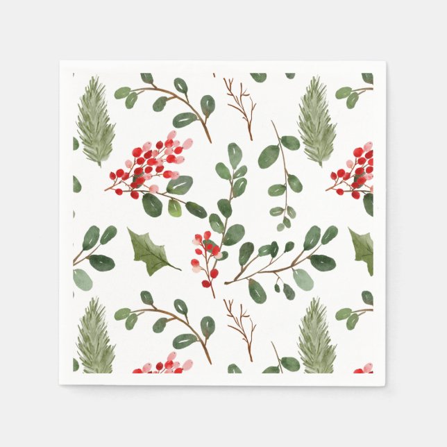 Holly Blätter Red Berry Holiday Watercolor Muster Serviette (Vorderseite)