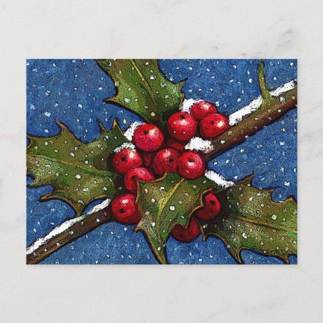 Holly Blätter und Berries mit Schneefall Postkarte (Vorderseite)