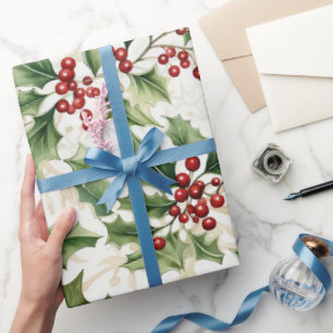 Holly-Blätter und Rote Berries Geschenkpapier