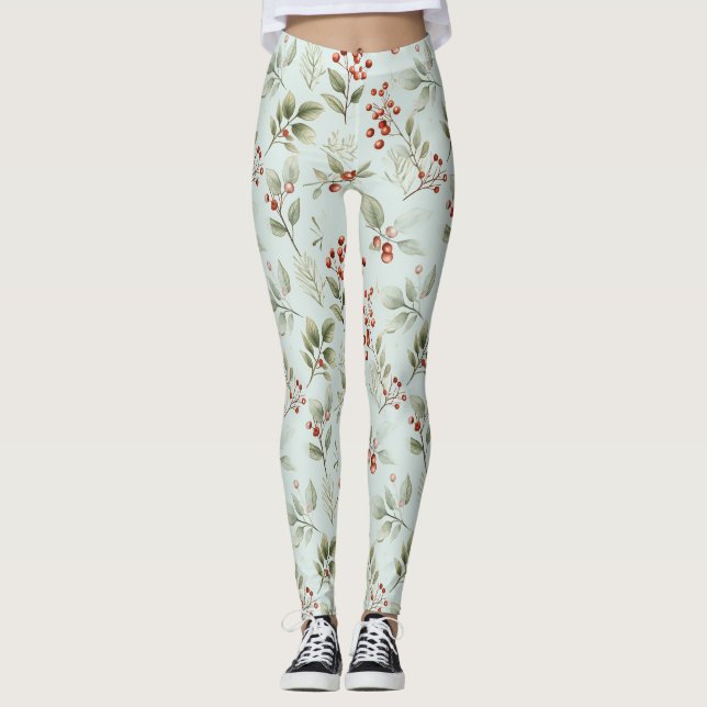 Holly-Blätter und Rote Berries Leggings (Vorderseite)