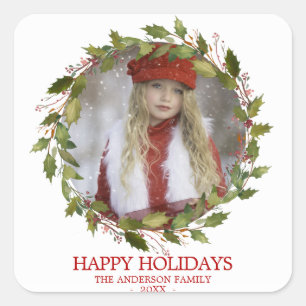 Holly Blätter Wreath Red Christmas Holiday   FOTO Quadratischer Aufkleber