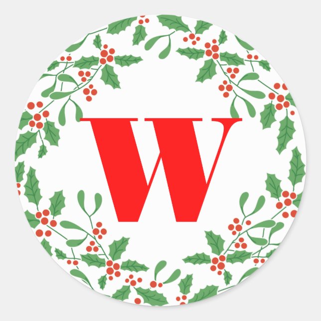 Holly Bough Wreath Monogram-Aufkleber Runder Aufkleber (Vorderseite)